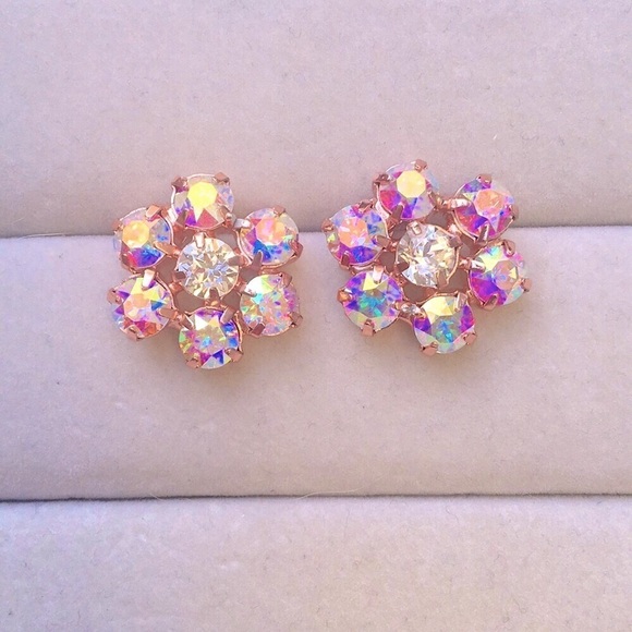 Aurora Borealis Rose Gold Crystal Flower Statement Earrings - Picture 5 of 5